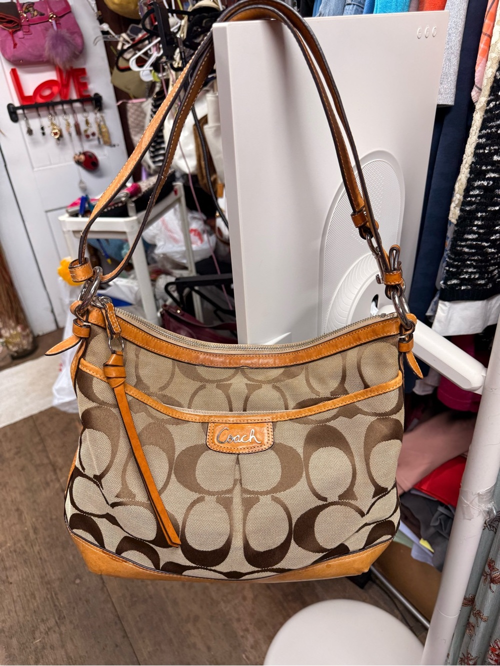 Coach Signature Hobo Shoulder Bag in Brown and Tan